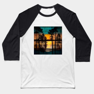 Golden Sunset Horizon Trees Silhouettes Serene Teal Lake Reflections Baseball T-Shirt